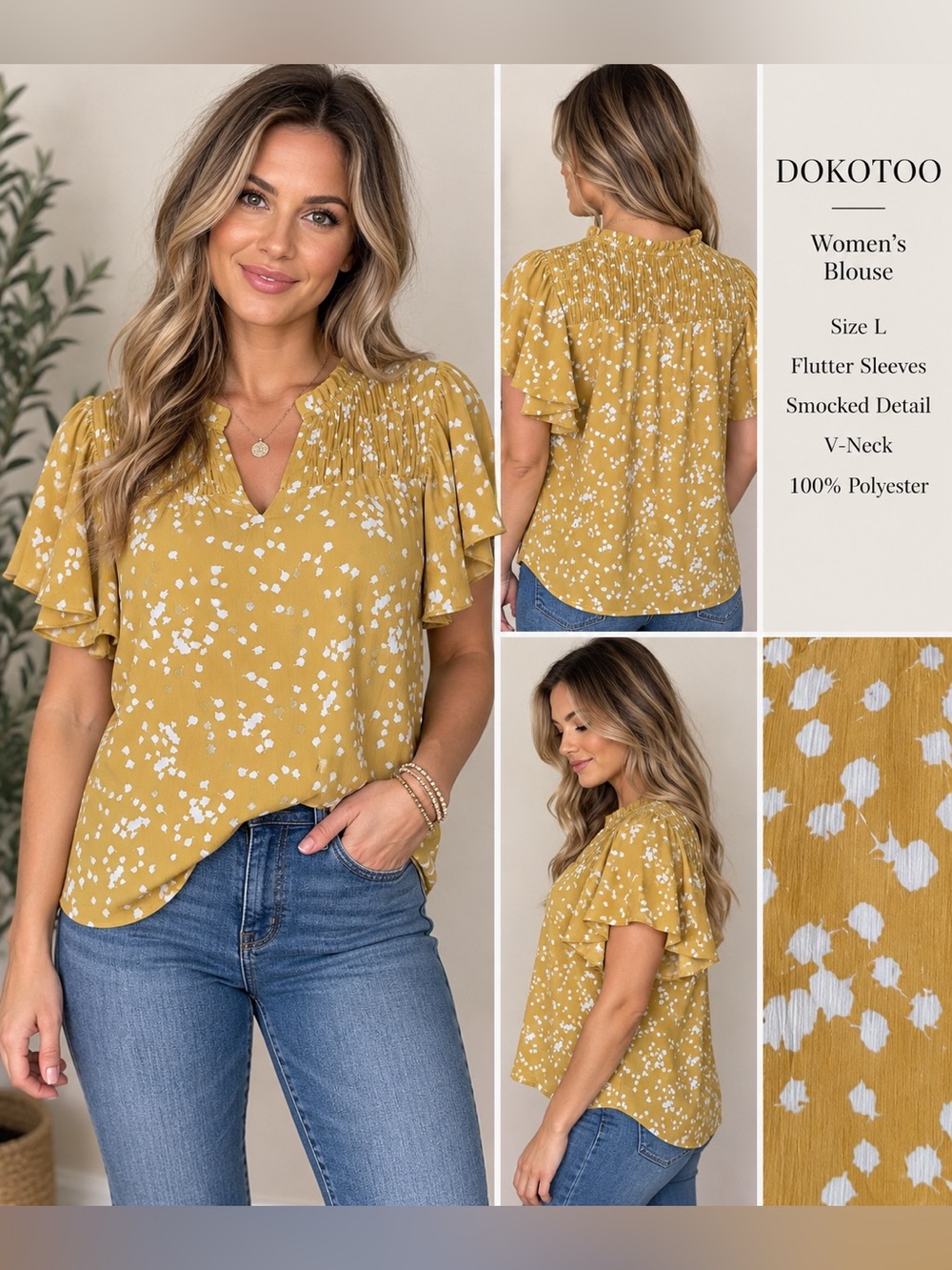 Dokotoo Mustard Yellow White Floral Flutter Sleeve Blouse Size L